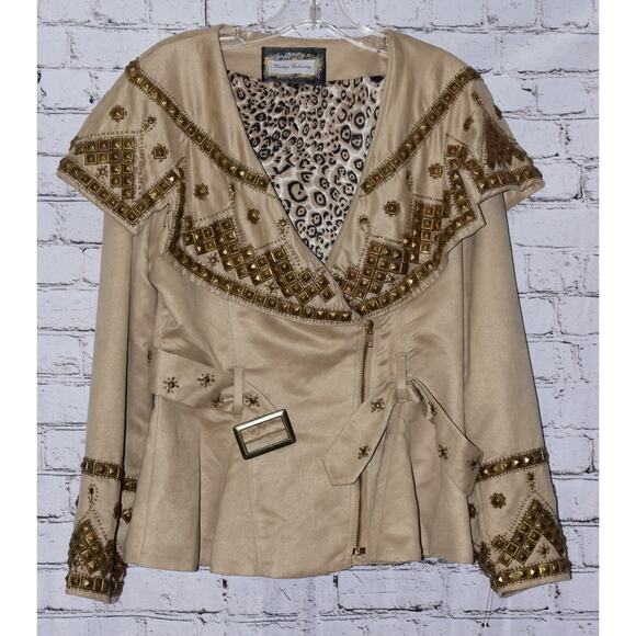 VINTAGE COLLECTION Designer Studded Cape Belted Faux Suede Jacket Size Large - Picture 5 of 15